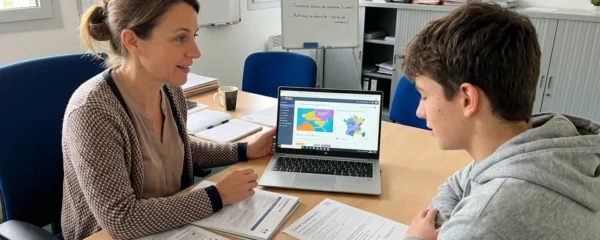 Un conseiller d'orientation en entretien individuel avec un adolescent devant un ordinateur dans un bureau lumineux