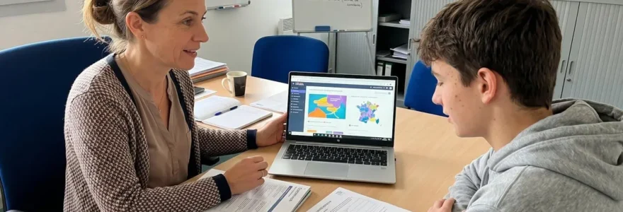 Un conseiller d'orientation en entretien individuel avec un adolescent devant un ordinateur dans un bureau lumineux