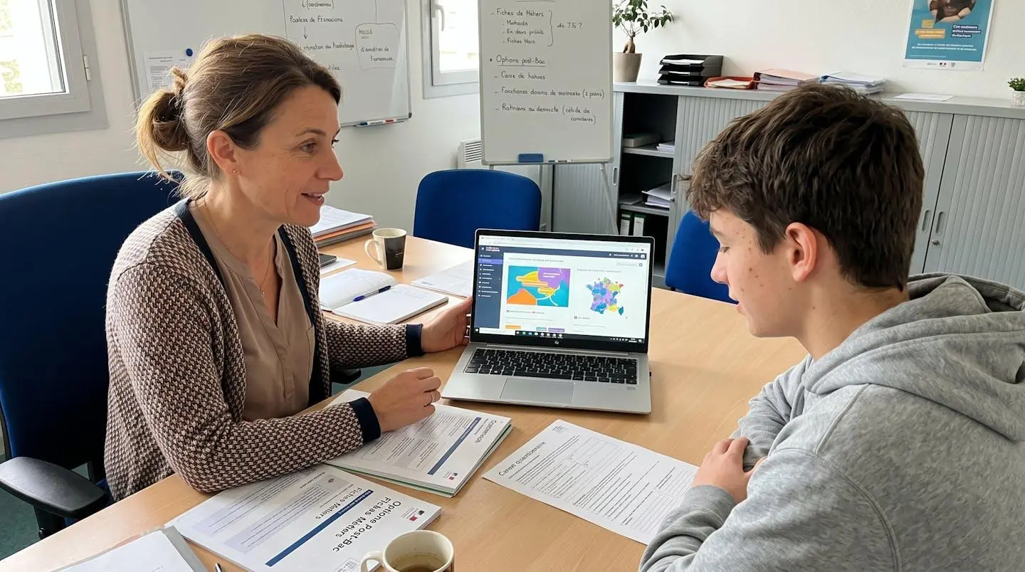Un conseiller d'orientation en entretien individuel avec un adolescent devant un ordinateur dans un bureau lumineux