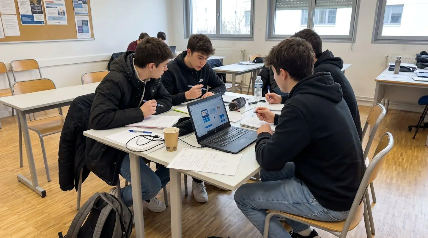 Trois jeunes assis autour d'une table de travail collaborative échangent à voix basse en consultant des documents papier et un ordinateur portable
