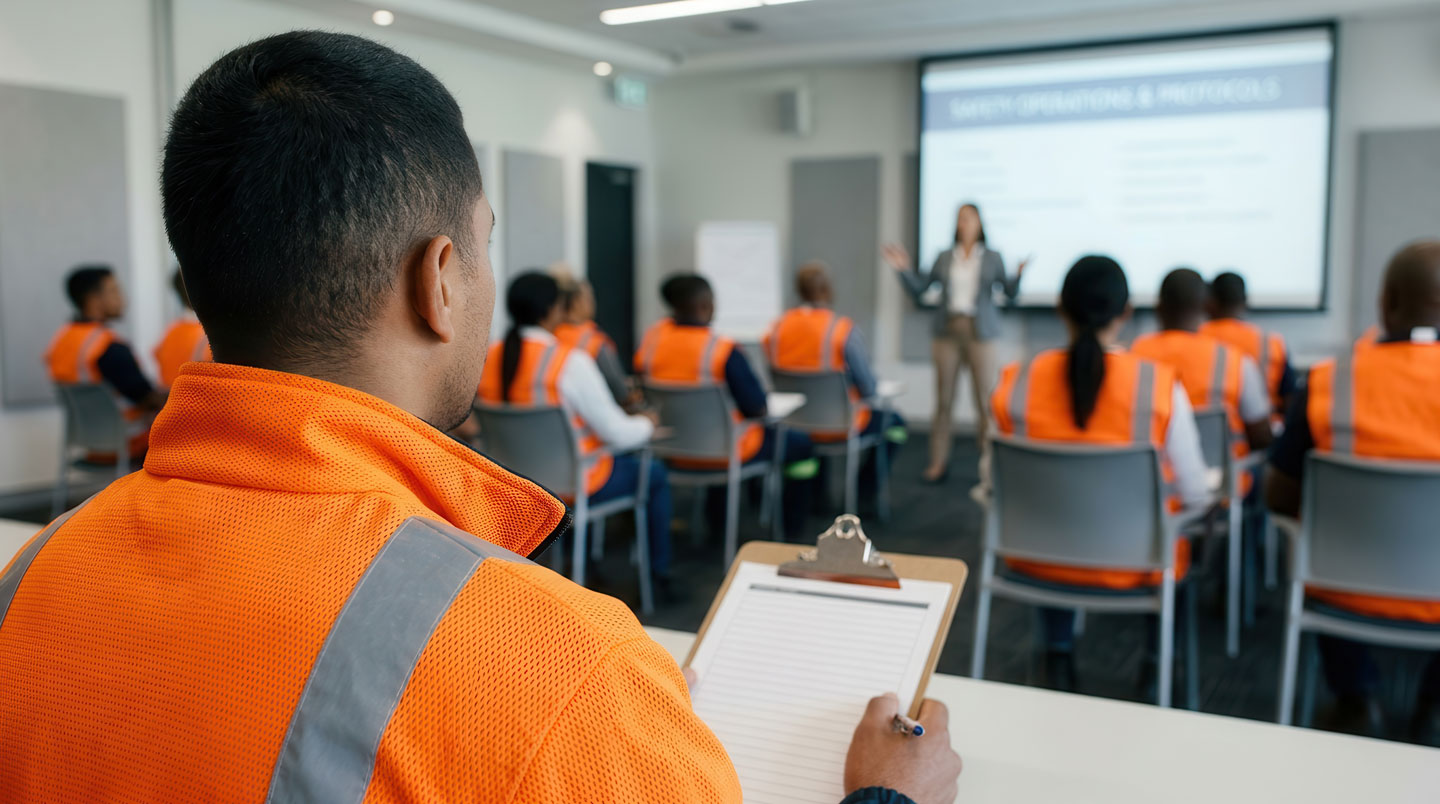 Formateur animant une session de formation à la prévention des risques face à quatre stagiaires équipés de manuels de formation et tablettes dans une salle de formation lumineuse
